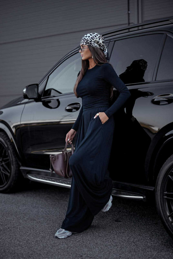 Czarny komplet 100% wiskoza bluzka z drapowaniem+lejące spodnie MAURYCY 131