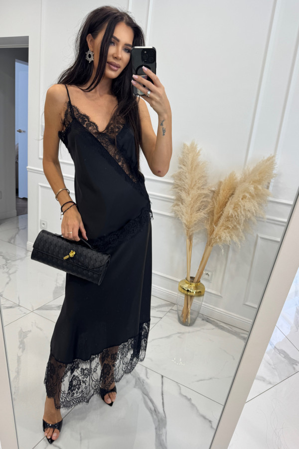 Czarna spódnica maxi satynowa z koronką IRMA 17