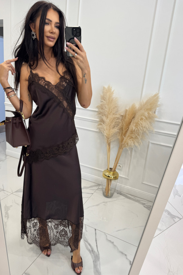 Czekoladowa spódnica maxi satynowa z koronką IRMA 17