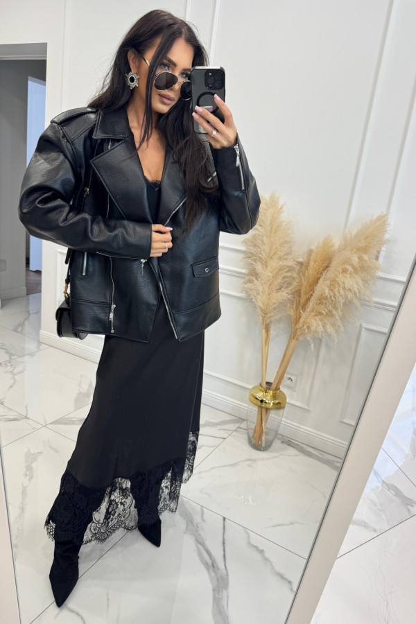 Czarna Kurtka oversize zapinana na zamek z kieszeniami, skóra węża KESJA 25