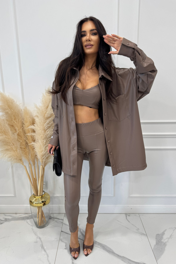 Jasno brązowy komplet skórzany koszula+top+legginsy BRANDON 161