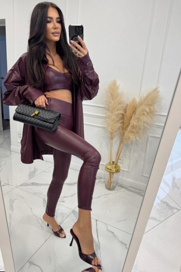 Bordowy komplet skórzany koszula+top+legginsy BRANDON 161