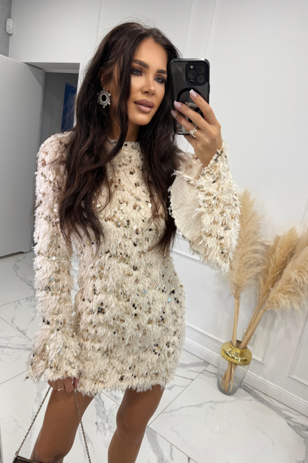 Beżowa sukienka mini z piórami, cekinami i rozszerzonymi rękawami DIVA 09