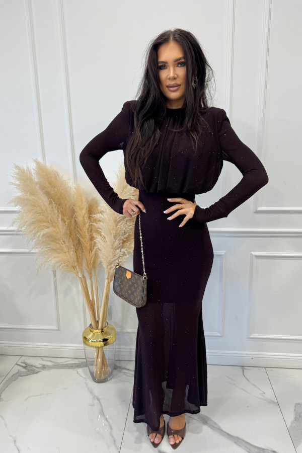 Czekoladowa sukienka maxi z półgolfem i z cekinami DOROTA 24