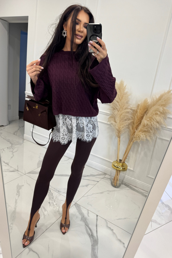 Bordowy sweter z topem z białą koronką POPPY 24