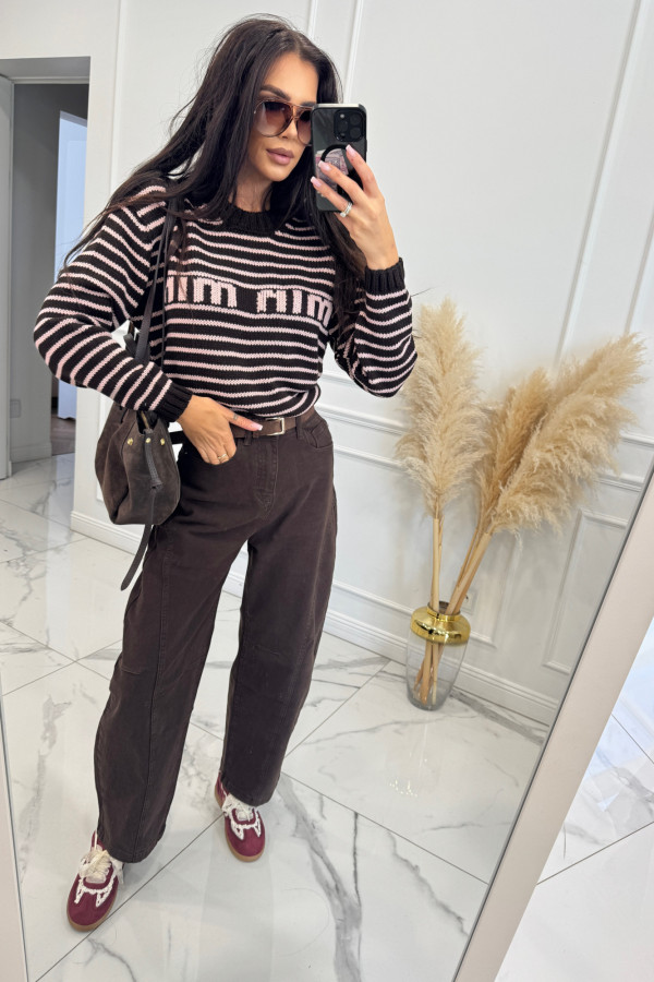 Ciemnoczekoladowy sweter w różowe cienkie paski BASIA 44