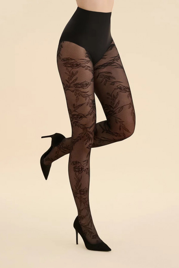 Czarne rajstopy z printem liści FLORAL