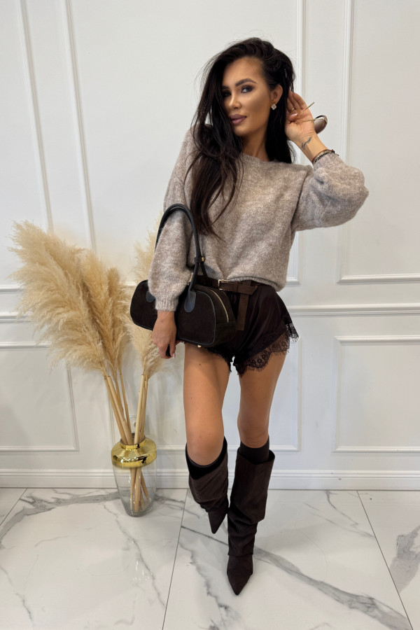 Beżowy sweter ze ściągaczami przy rękawach i w talii MUFFIN 19