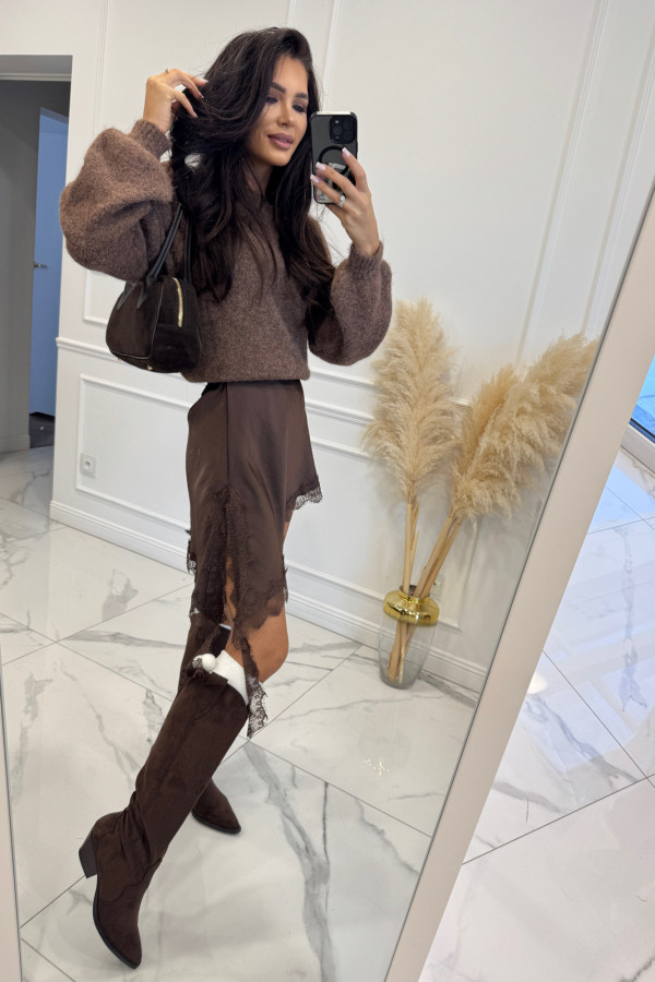 Czekoladowa spódnica asymetryczna mini z koronką MELANIA 19