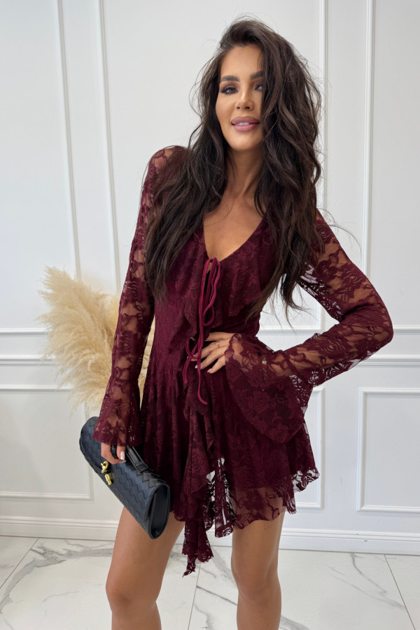 Bordowy kombinezon z koronki z wiązaniem MICHAŁ 19
