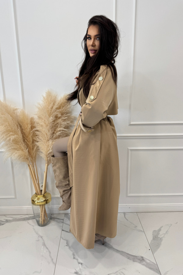 Karmelowy płaszcz maxi ze skóry węża i ze złotymi guzikami MOLLY 155
