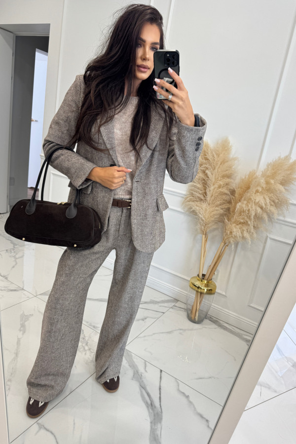 Czekoladowo-kremowe spodnie we wzór jodełki ARTUR 19