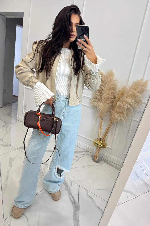 Jasno beżowa kurtka skórzana bomberka OLD 38