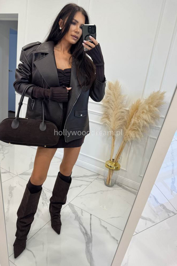 Czekoladowa kurtka oversize zapinana na zamek z kieszeniami, skóra węża KESJA 25