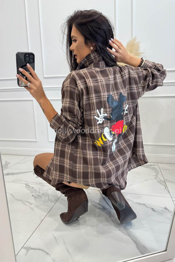 Czekoladowa koszula w kratę z kieszonką i nadrukiem myszki AMY 09