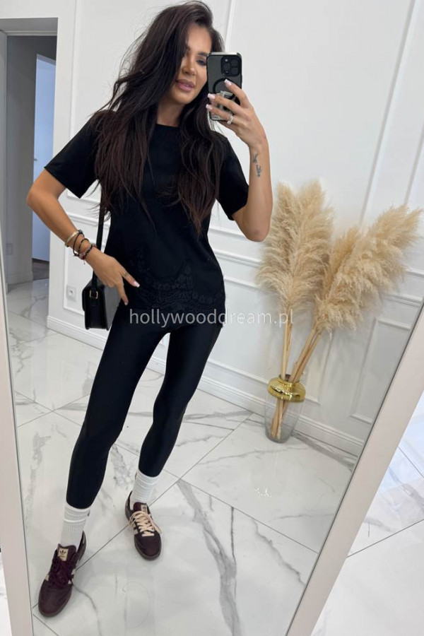 Czarna bluzka bawełniana z koronową lamówką LILTH 06