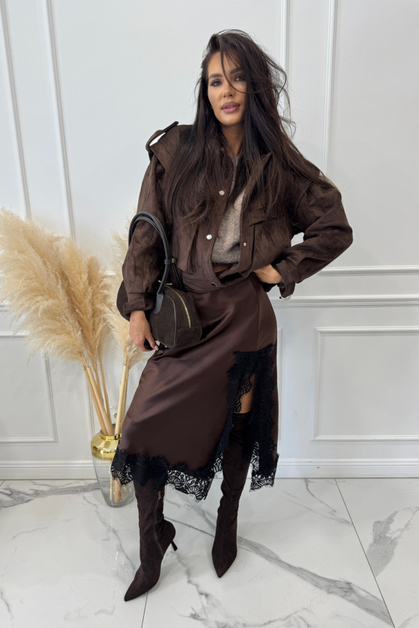 Brązowa spódnica satynowa midi z koronkowymi wstawkami na dole BOŻENA 06