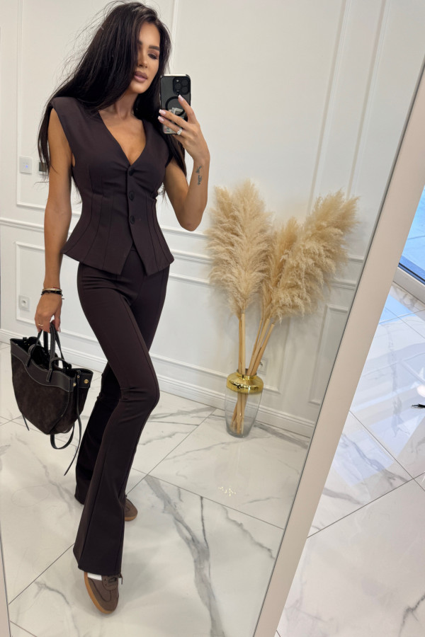 Brązowy komplet kamizelka z przeszyciami + szerokie spodnie ELEGANTE 171