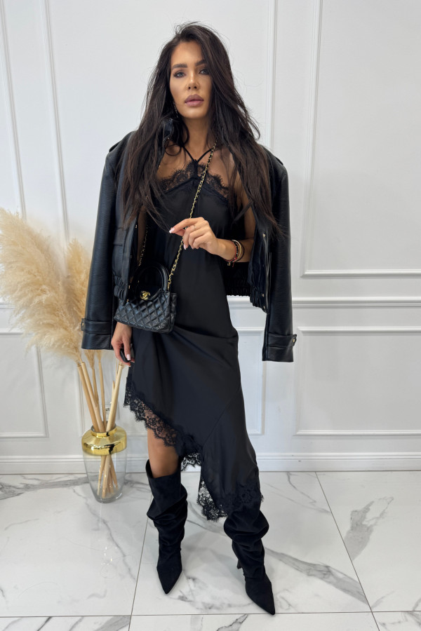 Czarna sukienka midi satynowa, z ramiączkami na krzyż VANESSA 17