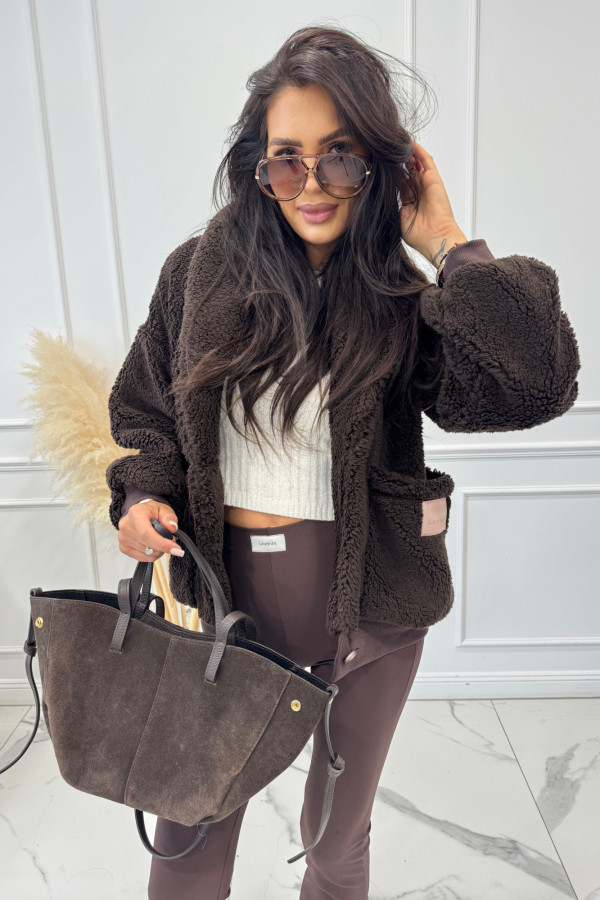 Czekoladowa kurtka pluszowa zapinana na guziki Miranda 129