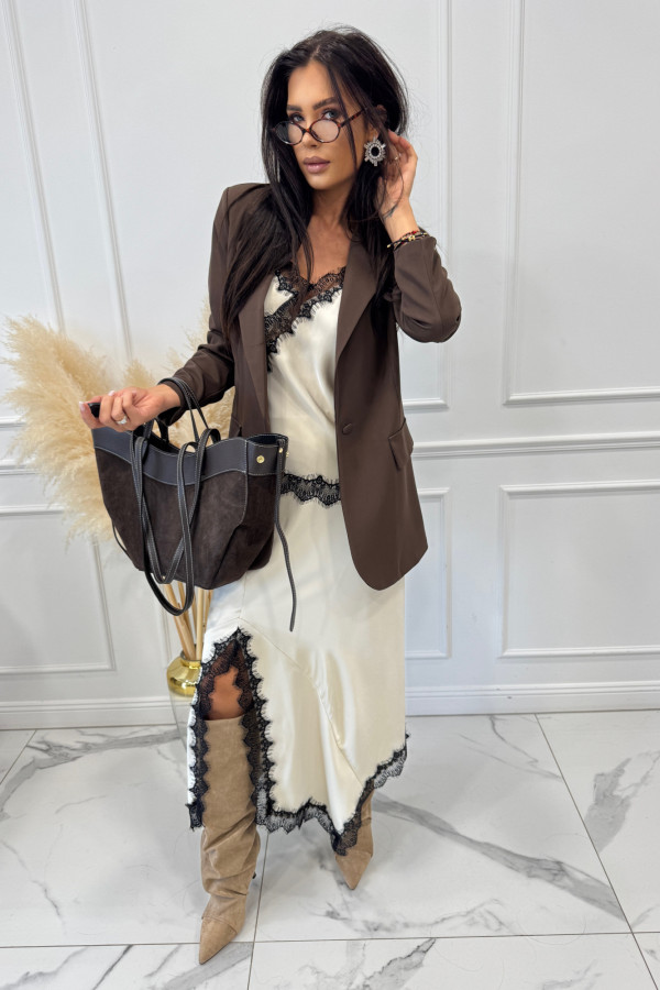 Kremowa spódnica satynowa z czarną koronką MARZENA 94