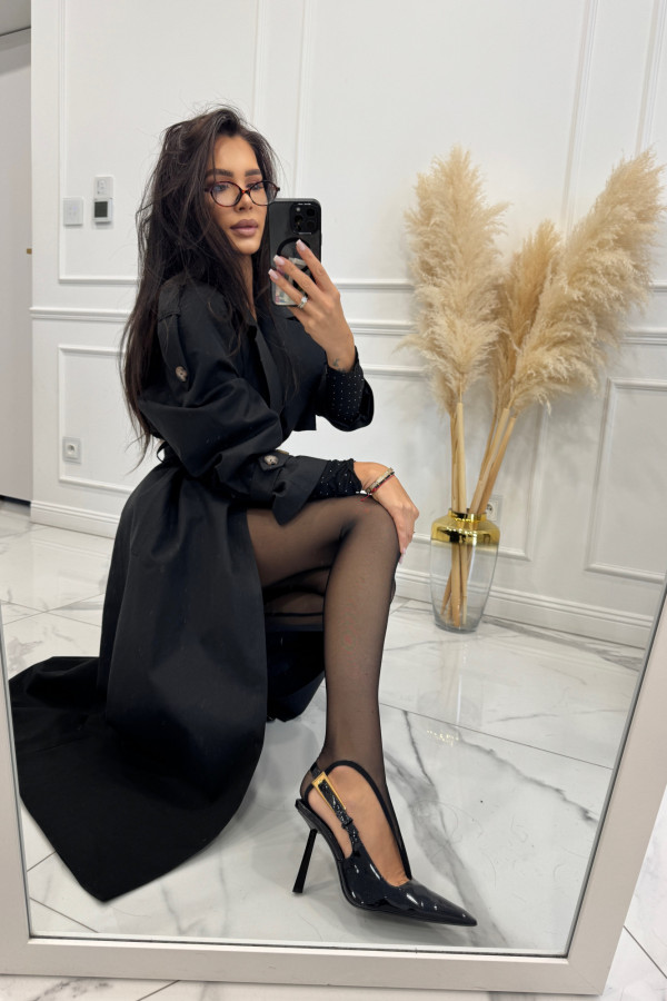 Czarny, długi płaszcz oversize z wiązaniem HOLMES 161