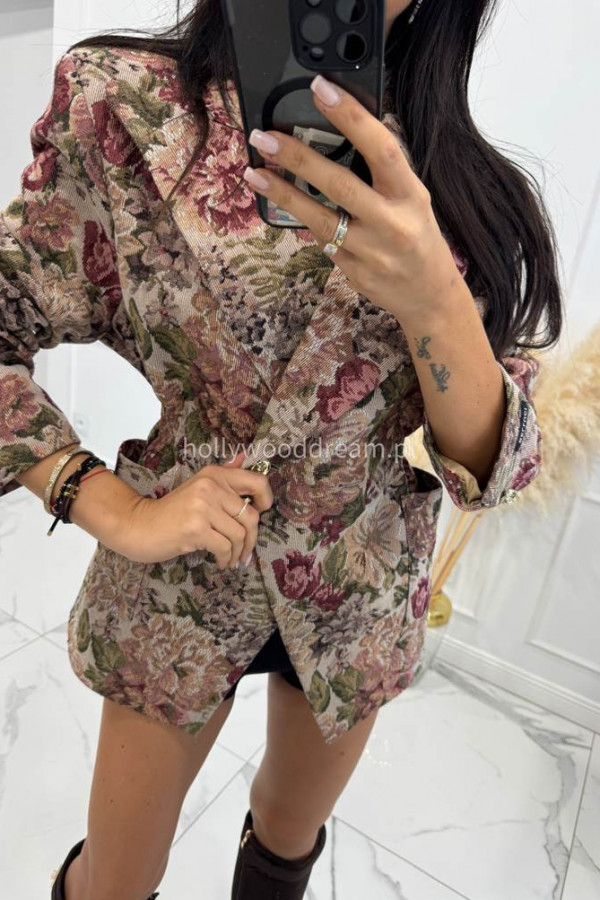 Beżowa marynarka taliowana w print kwiatów, ze świecącą nitką MIRELA 161