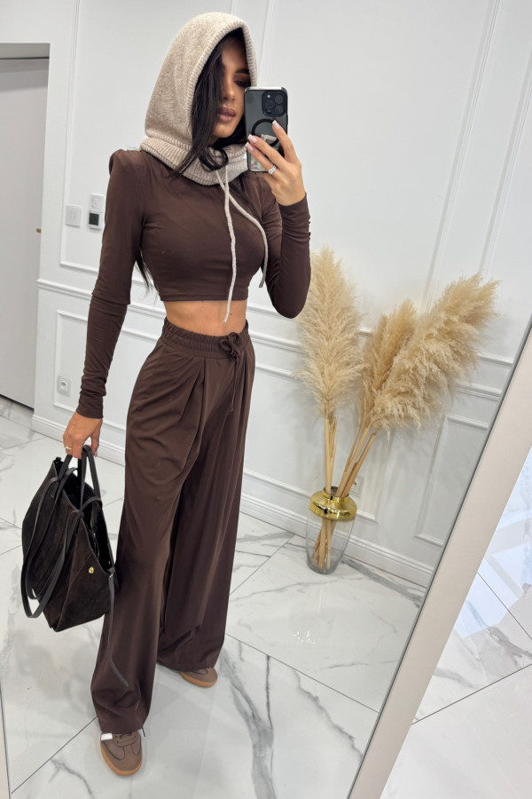 Czekoladowy komplet z wiskozą crop top + spodnie Comfy 173