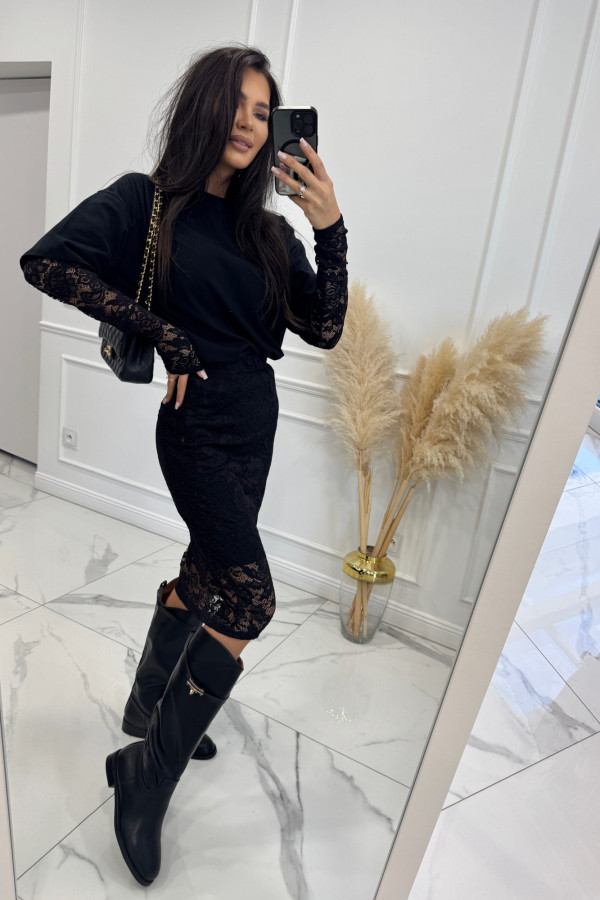 Czarny komplet bluzka z koronkowymi rękawami + koronkowa spódnica LACE 44