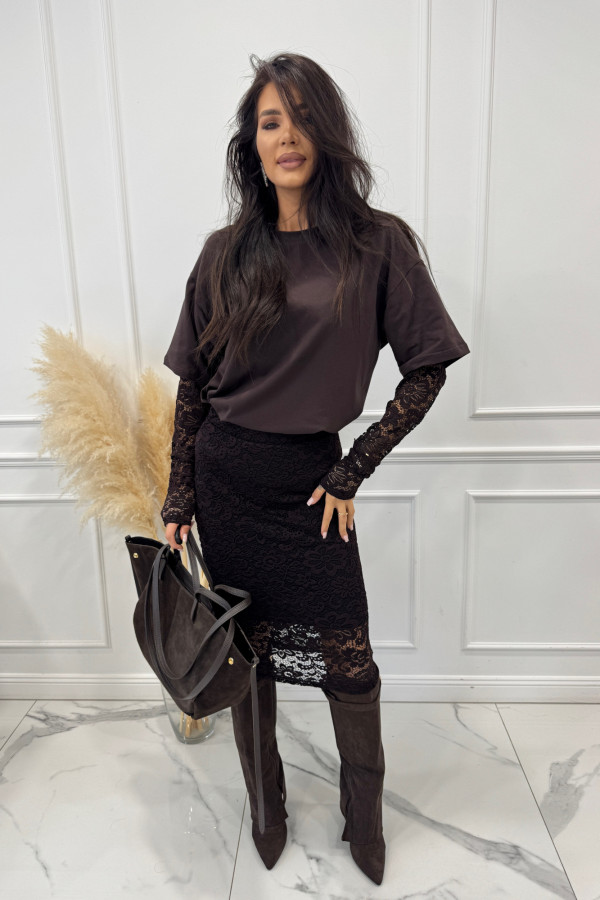 Brązowy komplet bluzka z koronkowymi rękawami + koronkowa spódnica LACE 44