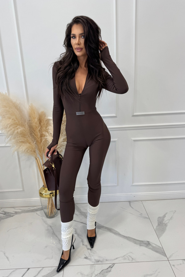 Czekoladowy kombinezon prążkowany z zamkiem GOSSIP 197