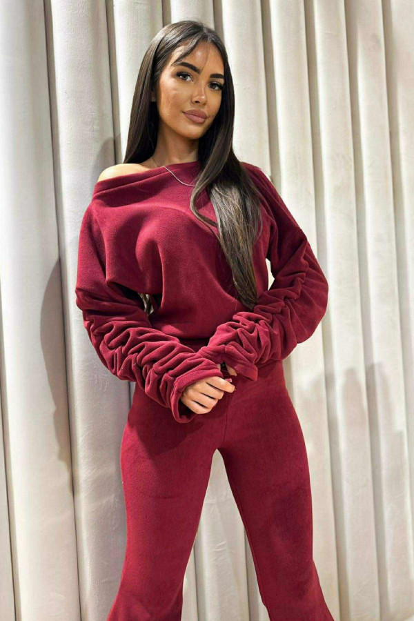 Bordowy komplet polar bluza + spodnie Bear 173