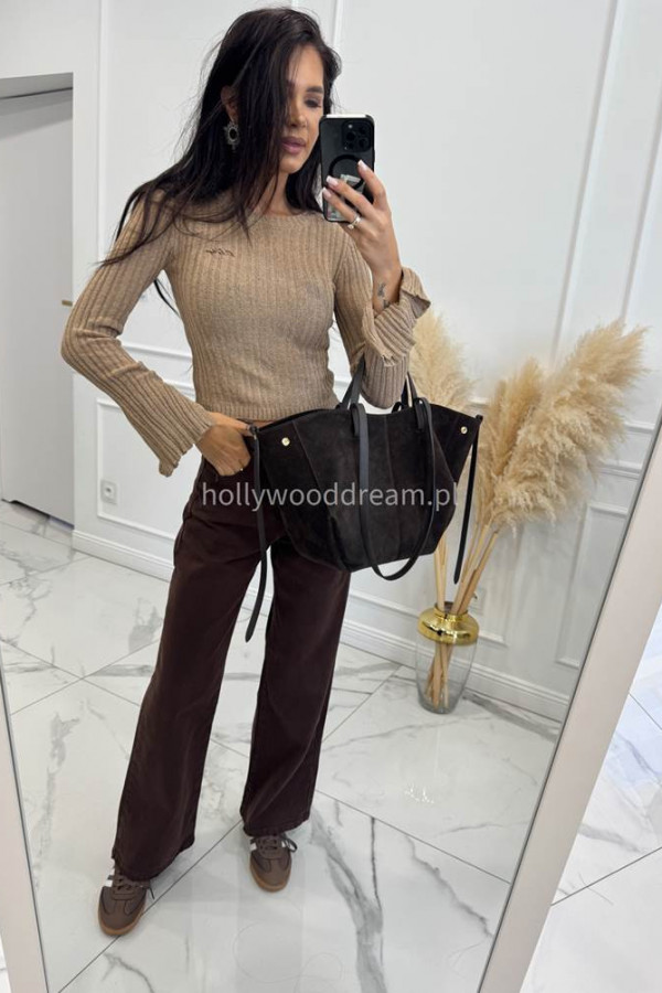 Spodnie flare z paskiem czekoladowe Kastro 195