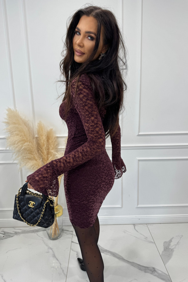 Bordowa sukienka mini z siateczki we wzory i wbudowanymi miseczkami ELENA 17