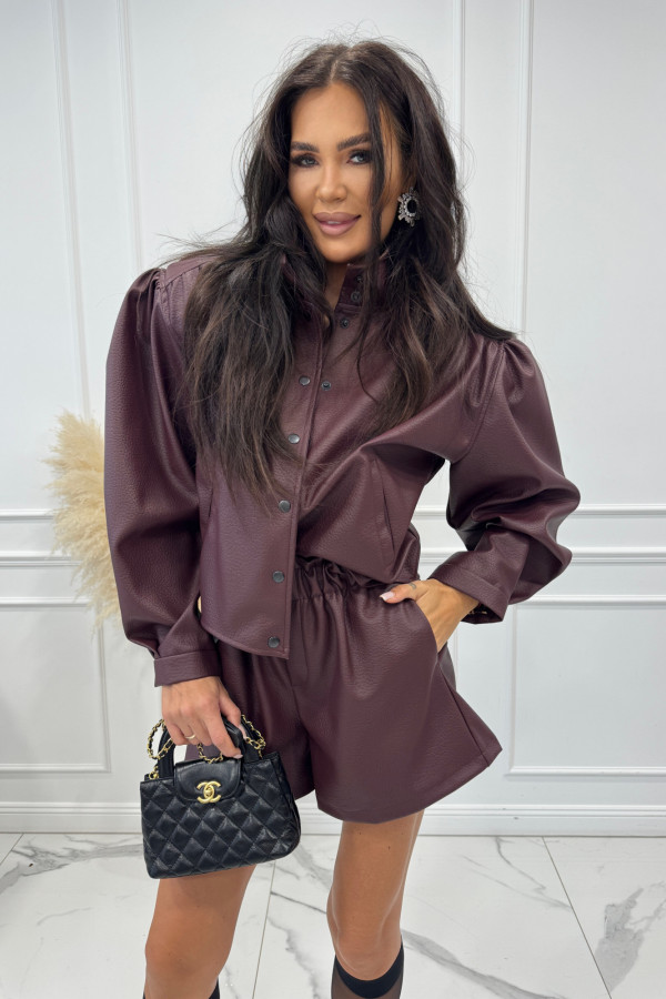 Bordowy komplet kurtka+spodenki z gniecionej skóry PENELOPY 161