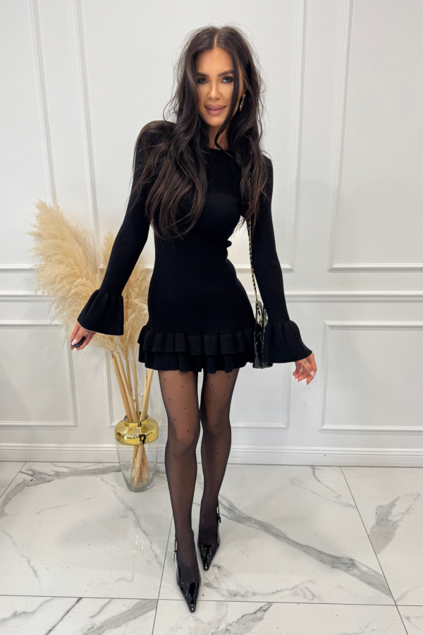 Czarna sukienka prążkowana mini na długi rękaw z falbana na dole PAMELA 09