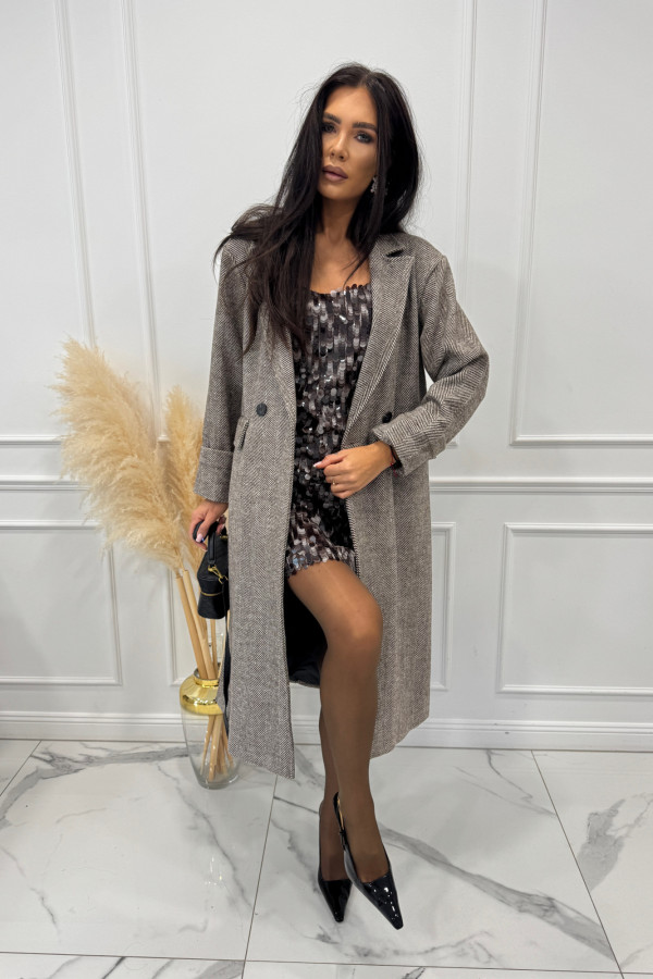 Kremowo brązowy długi płaszcz w jodełkę KORNEL 19