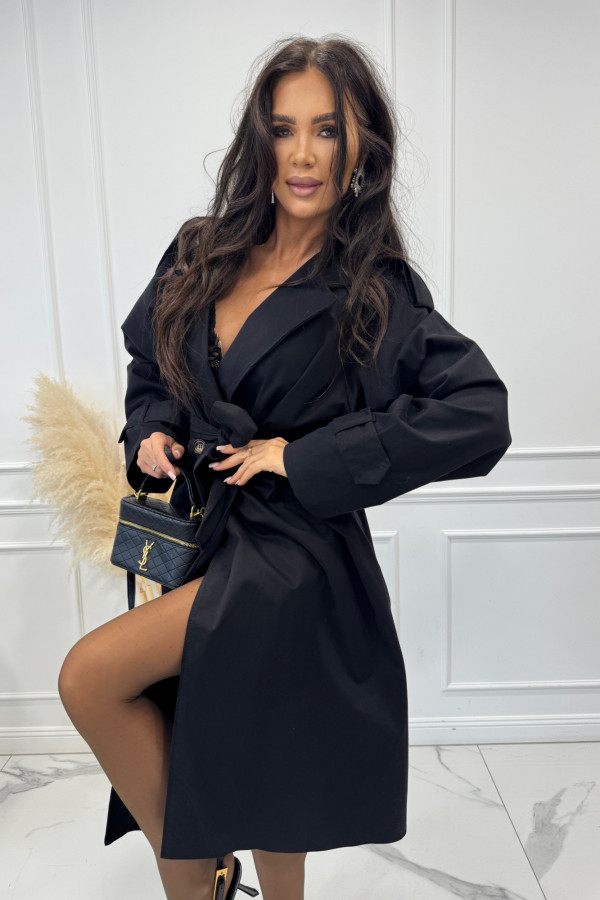 Czarny długi trencz z wiązaniem DAWID 02