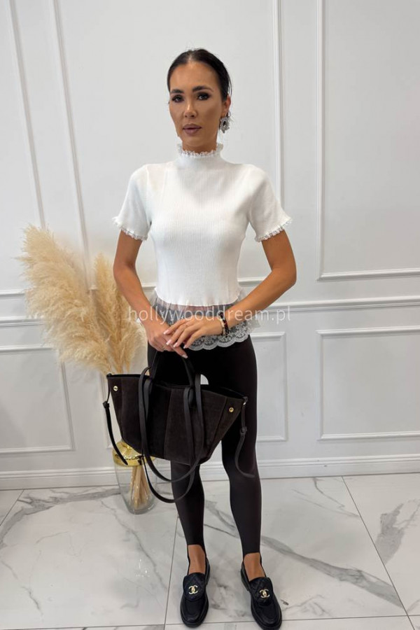 Biała bluzka prążkowana na krótki rękaw z koronką ELŻBIETA 09