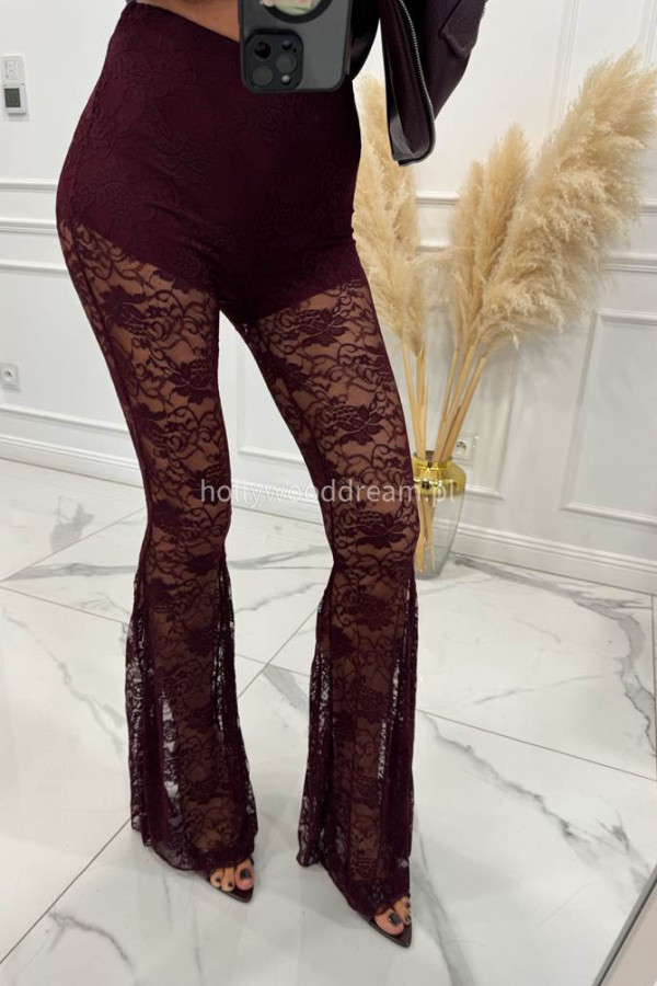 Bordowe spodnie koronkowe typu dzwony TYMON 19,17
