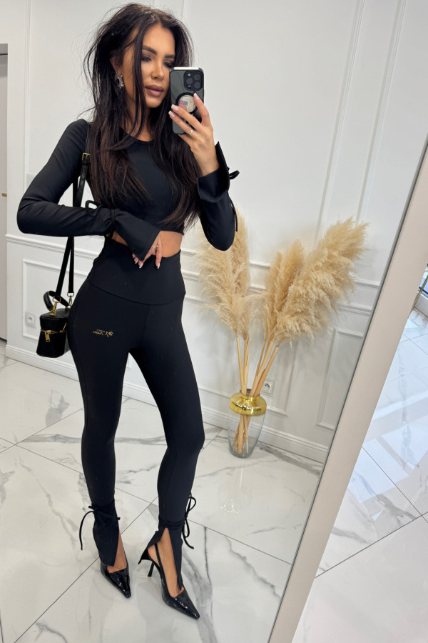 Czarny komplet prążkowany bluzka + legginsy z wiązaniami Milan 173