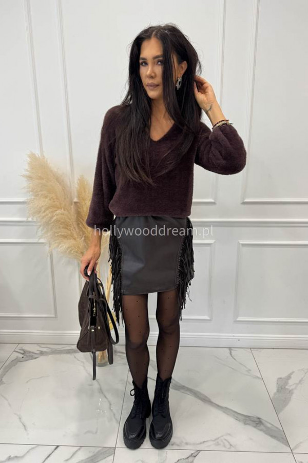 Czekoladowy sweter pluszowy oversize z dekoltem V WARM 17