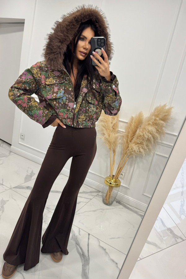 Brązowa kurtka w zielono różowe kwiaty z futrem IWO 09