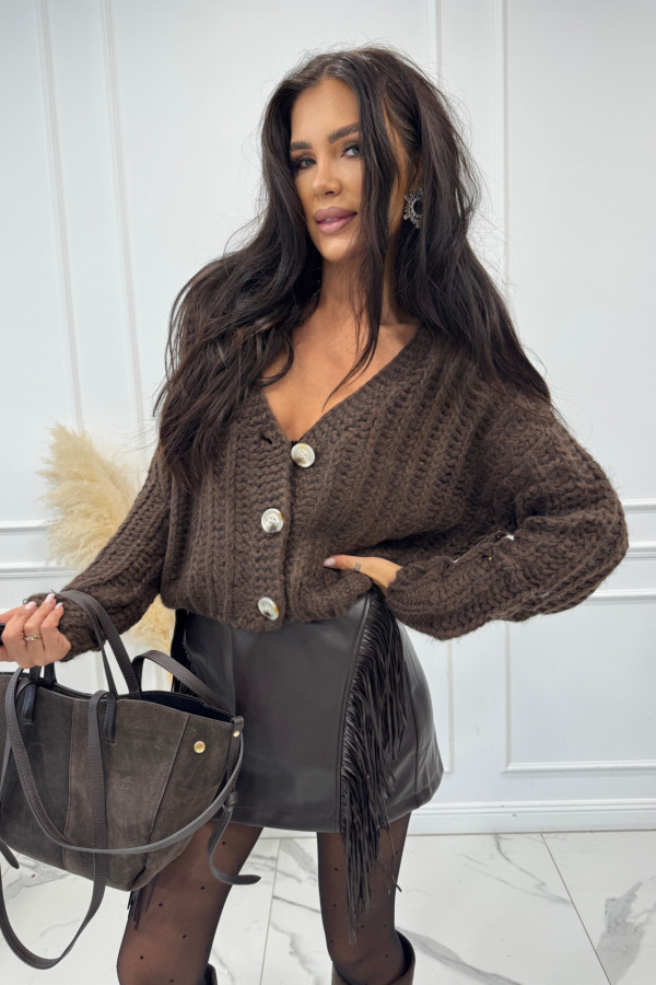 Czekoladowa spódniczka skórzana mini z frędzlami i paskiem OLKA 09