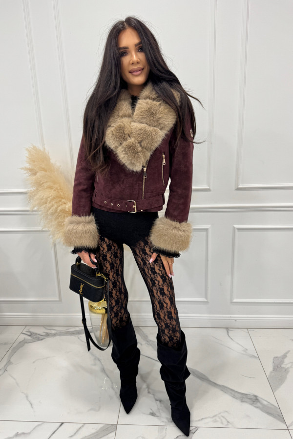 Bordowa kurtka z beżowym futerkiem Kila 09