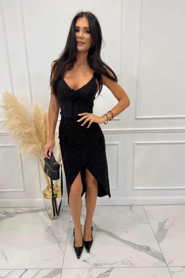 Czarny komplet w czarne cyrkonie top z różą + spódnica midi z rozporkiem Kinga 09