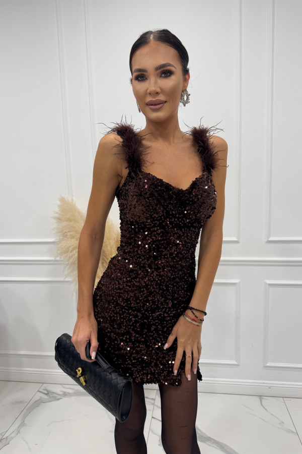 Brązowa sukienka mini cekinowa z piórami na ramiączkach Dalida 09