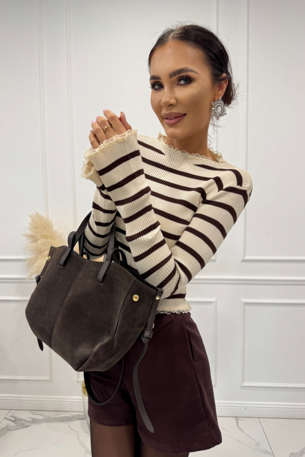 Kremowa bluzka półgolf w paski wykończona koronką DEBORA 09