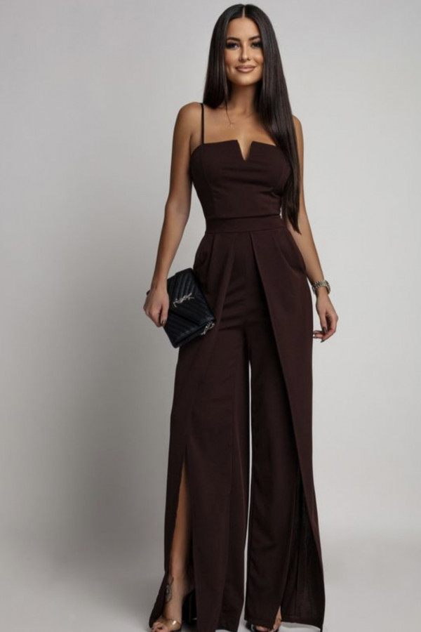 Czekoladowy kombinezon z V na dekolcie i szerokimi nogawkami Dimi 26