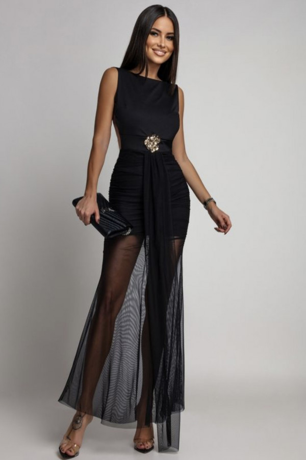 Czarna sukienka maxi z marszczonym siateczkowym dołem, wyciętymi plecami i ozdobą DIANA 26